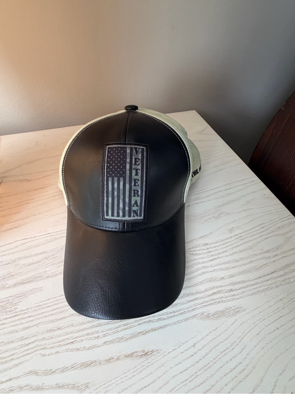 Black Faux Leather Veteran Patch Trucker Hat